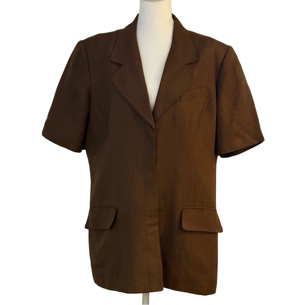 Vintage Oleg Cassini Brown Short Sleeve Blazer 90s Power Jacket Size 14